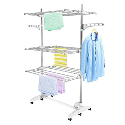 Afbeelding van Todeco Droogrek, wasrek Materiaal: roestvrijstalen buizen maximale belastbaarheid: 3 kg per steunstang planken, wit, met vleugels