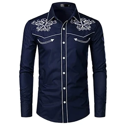 Afbeelding van NW Mens stijlvolle westerse cowboy shirt geborduurd slim fit casual lange mouwen shirts heren bruiloft party shirt, NAVY 01, S