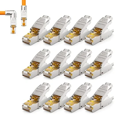 Afbeelding van deleyCON 12x CAT 8 RJ45 Stekker met een Hoek van 90 Gereedschapsloos Afgeschermd 40 Gbit/s Netwerkstekker voor Raw Cable Starre Installatiekabel Connector Ethernet LAN DSL Patchkabel