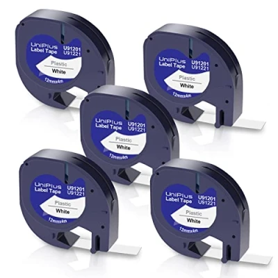 Afbeelding van UniPlus 5x Compatibel Dymo Label Tape Vervanging voor Letratag 12mm x 4m als 91221 S0721660 Zwart Plastic XR Tapes LT 100h 110T 100T QX50 Printer