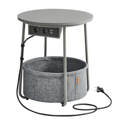 Afbeelding van VASAGLE Bijzettafel rond met laadstation, kleine tafel stopcontact, salontafel, USB aansluitingen, stoffen mand, woonkamer, slaapkamer, nachtkastje modern, duifgrijs leigrijs LET228G02