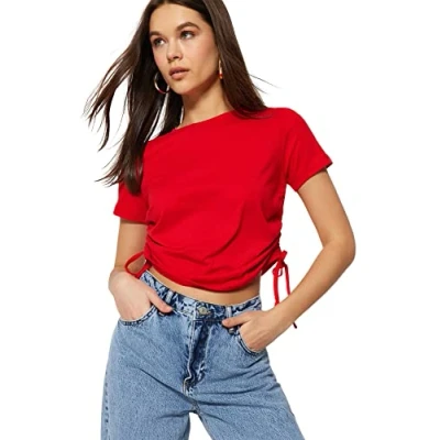Afbeelding van Trendyol Rood, Basic, Gebreid T Shirt Met Ronde Hals, 100% Katoen En Plooidetail Twoss21Ts0131