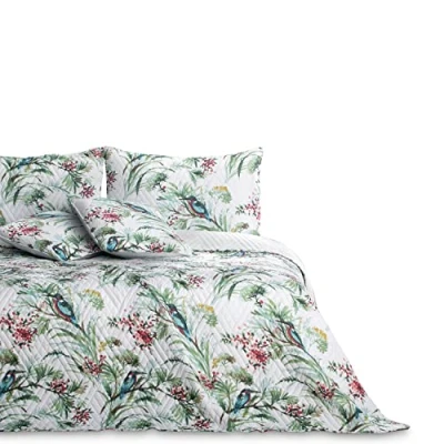 Afbeelding van AmeliaHome Sprei, bedsprei, 260 x 280 cm, tweezijdig, onderhoudsvriendelijk, stiksel, plantenpatroon, vogelpatroon, meerkleurig, Kingsfisher