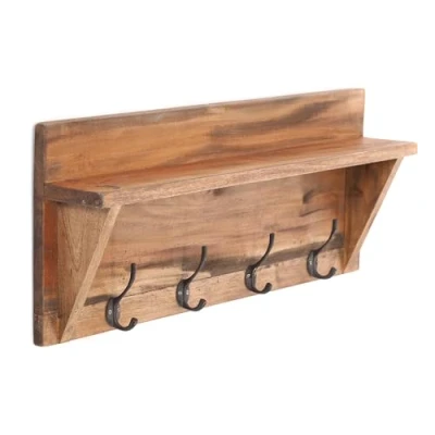 Afbeelding van DESIGN DELIGHTS WANDELAARS met SCHELF vintage 60x26x10cm (BxHxD), gerecycled hout wandplank kledinghaken, hal rek, houten wandrek Kleur: 01 natural