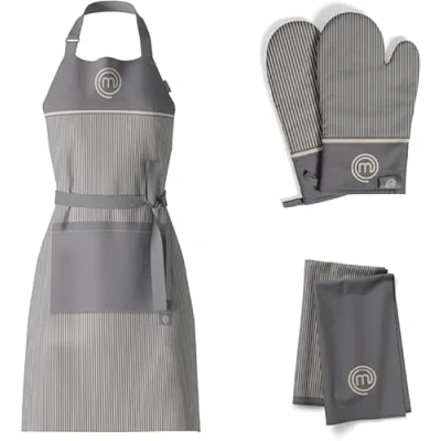 Afbeelding van MasterChef Textiles Cadeauset (x3), Keukenschort en Ovenwanten, Hittebestendig, Hoge Kwaliteit, Theedoeken, 100% Katoen met Ophanglussen, Machinewasbaar, Geborduurde Details, Grijs
