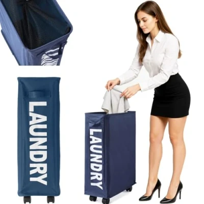 Afbeelding van BAKAJI Vuile wasmand, smal, ruimtebesparend, opvouwbaar, van stof, decoratie met netgreep, handvat en 4 wielen, afmetingen: 39 x 20 56 cm (blauw)