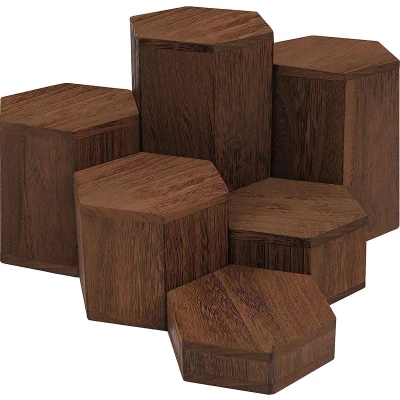 Afbeelding van Houten Hexagonale Display Risers (6 Pak) Standaarden Voor Planken en Balies Stapsgewijze Plinten Sieraden, Verkoop, Miniaturen, Cupcakes Desserts Bruin