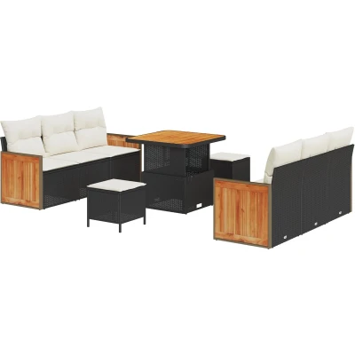 Afbeelding van vidaXL 9 delige tuinbank set met kussens zwart poly rattan acacia