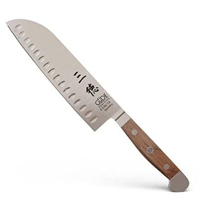 Afbeelding van GÜDE Solingen Santoku mes met Kuiltjes gesmeed, 18 cm, vaten eikenhout, ALPHA VAT EIKEN, dubbele bolster, Handgemaakt Duitsland