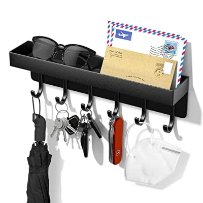 Afbeelding van iophi Sleutelplank met plank en 6 haken, ruimtebesparend, draagbaar organizer, sleutelrek, zonder boren, wandmontage voor het opbergen van sleutels, aan de ingang, hangend keukenbestek