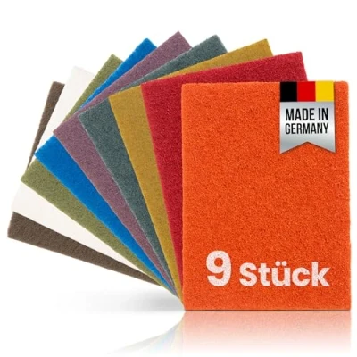 Afbeelding van PICTORIS Schuurvlies volledige uitrusting (set van 9) Made in Germany extra grof tot ultra fijn extreem duurzaam door unieke impregnatie handpads 155 x 210 mm korrelgroottes 80 2000