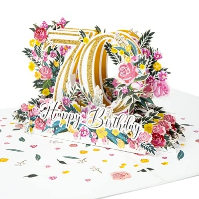 Afbeelding van LIMAH® pop up 3D wenskaart/hoogwaardige verjaardagskaart voor 70e verjaardag, Happy Birthday motief, wit goud/groot met glitter