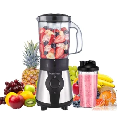 Afbeelding van Moulinex Blend&amp;Go LM1B1D 300W blender, smoothieblender met 750 ml plastic kan, inclusief draagbare fles, 4 verwijderbare messen, roestvrijstalen afwerkingen
