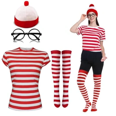 Afbeelding van Gizelle DAMES MEISJES WAAR WALLY STRIPS T SHIRT KIT HEN PARTY KOSTUUM BOEK DAG (L, Rood &amp; Wit)