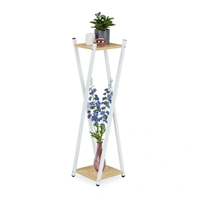 Afbeelding van Relaxdays plantentafel binnen, 2 etages, houtlook, hoog, moderne plantenstandaard, HBD 99 x 29 cm, wit/lichtbruin