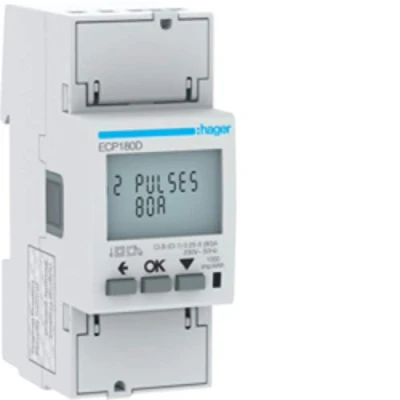 Afbeelding van Hager kwh meter 1 fase directe meting 80a 92 276v 160 480v klasse b pulsuitgang 2 modulen mid afname levering dubbeltarief ecp180d