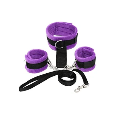 Afbeelding van Rimba Bondage Play Soft Collar met handboeien en leiband zwart/paars