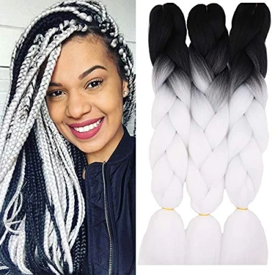 Afbeelding van 61 cm gevlochten haarextensies, jumbo vlechten, synthetisch haar, 3 bundel gehaakt kanekalon afro zwart en wit