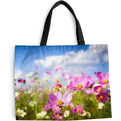 Afbeelding van MuchoWow® Schoudertas Strandtas Big Shopper Boodschappentas Bloemen Wei Paars Gras Wit Wolken Blauw 50x40 cm Katoenen tas