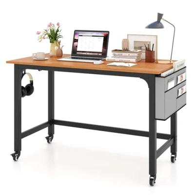 Afbeelding van COSTWAY Bureau met wieltjes, computertafel afneembare stoffen tas en hoofdtelefoonhaak, werktafel 4 wielen, bureautafel oprolbaar, pc tafel, 120 x 60 75 cm, naturel