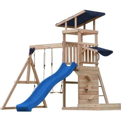 Afbeelding van AXI Malik Compleet Speeltoestel met 2 Schommels, Glijbaan Blauw / Buitenspeeltuin Zandbak en Speelwand