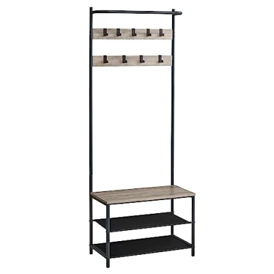 Afbeelding van VASAGLE kapstok, kapstok met schoenenbank, kledingstang, 9 afneembare haken, 32,2 x 64 180 cm, industriële stijl, voor hal slaapkamer, grijs zwart HSR411B02