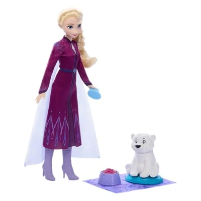Afbeelding van Mattel Disney Frozen Elsa Modepop en Berenjongfiguur met 4 accessoires, waaronder een dierenbedje deken, geïnspireerd op Animals of Arendelle, JFG16