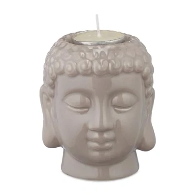 Afbeelding van Relaxdays Boeddha theelichthouder, keramiek, voor theelichtjes, zen decoratie, Feng Shui sfeerverlichting, grijs