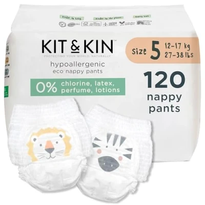 Afbeelding van Kit &amp; Kin Premium milieuvriendelijke en duurzame babyluierbroek maat 5 hypoallergeen met flash dry high performance laag veganistisch chloorvrij superieure lekbescherming 120 luiers