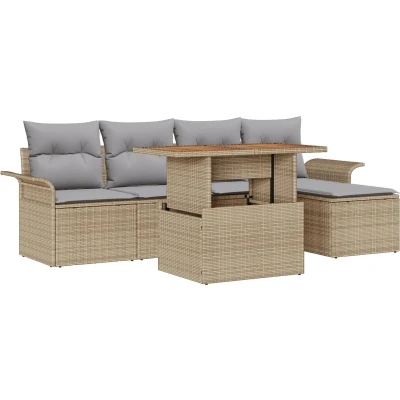 Afbeelding van vidaXL 6 delige Tuin Eetset met Kussens Beige Poly Rattan Acacia