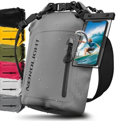 Afbeelding van Nordlight Dry Bag Waterdichte Tas met Telefoonhoes + Roll Top, Schouderriem Drybag Rugzak Pakzak Packsack Duffeltas Wetbag Zwemmen Strand SUP Kanoën Grijs, 20 Liter
