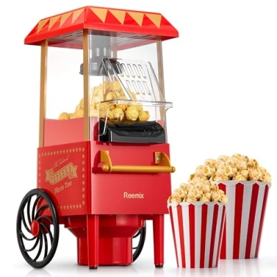 Afbeelding van Reemix popcornmachine voor thuis, 2 minuten snel, vetvrij, olievrij, krachtige 1200 watt, voetbalavonden en kerstfeesten