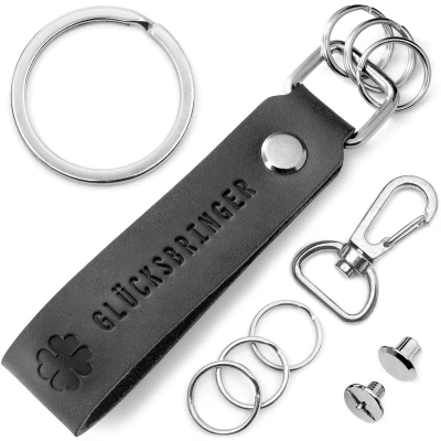 Afbeelding van FABACH lederen sleutelhanger met verwisselbare sleutelring in geschenkdoos klaverblad geluksbrenger gravure kleine veel geluk succes, bruin leer (bruin) FB_LEA_B_GB