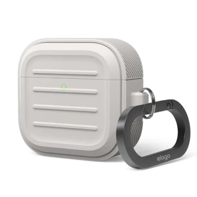 Afbeelding van elago Armor Hoesje Compatibel met AirPods 4 Hoesje, Inclusief Karabijnhaak, Ondersteunt Draadloos Opladen, Schokbestendig, Volledige Bescherming (Stone)