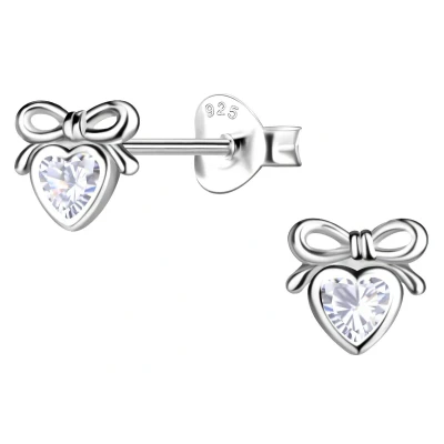 Afbeelding van JoyS Zilveren hartje met strikje oorbellen zilver zirkonia 6 x mm sterling 925