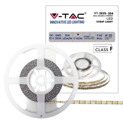 Afbeelding van Ledstrip 5 meter 17 W per meter, SMD 2835, kleur van het licht koudwit, 6500 K voor gebruik binnenshuis met plakstrip, voeding 12 volt.