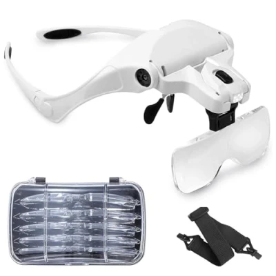 Afbeelding van Sinzau Hoofdband loepbril met ledlicht, voor handsfree bellen, juweliershandwerk, horlogemaker hobby, 5 lenzen 1,0 x 1,5 2,0 2,5 3,5 (herbruikbaar)