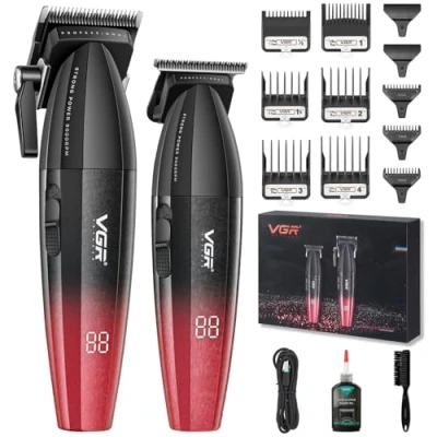 Afbeelding van VGR 640 Professionele tondeuse voor mannen, draadloze Barber Clipper en Trimmer Set, Zero Gap T blad tondeusekit, DLC gecoat keramisch lemmet, premium Kit met LED display (rood)