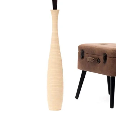 Afbeelding van Leewadee Grote Home Decor Vloervaas Houten Hoge Boerderij Bloemenhouder Voor Nep Plant En Pampas Gras, 70 cm, Crème