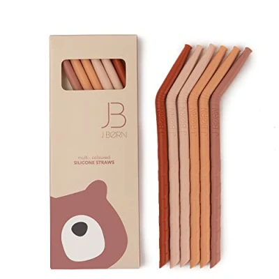 Afbeelding van J.Børn Siliconen Herbruikbare Rietjes (6 stuks 22 cm lang) en Reinigingsborstel, Rood Mix, Drinkrietjes, Buigrietjes, BPA vrije