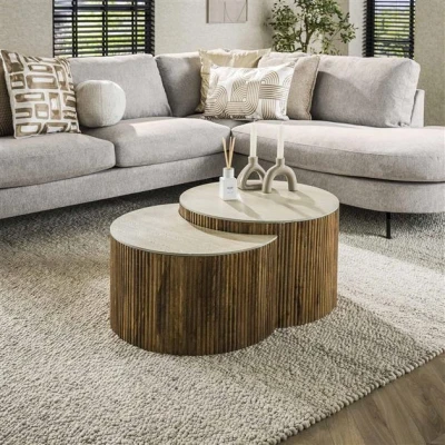 Afbeelding van Hoyz Collection Salontafel Set 2 Halfrond Nuovo Travertin Massief Mango Zandkleur