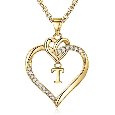 Afbeelding van TINGN ketting hart dames halsketting goud zilver, 14K goud/witgoud verguld initialen zirkonia hanger letters jubileum verjaardag geschenken voor je vrouw vriendin
