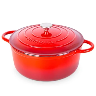 Afbeelding van Gietijzeren Pot met Deksel Anti aanbaklaag, Ovenbestendig, Geëmailleerde Braadpot Robuust Kookgerei Rood 6,9L Van Nuovva