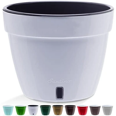 Afbeelding van Santino ASTI bloempot, zelfwaterende met waterpeilindicator, rond, premium kwaliteit, voor binnen, planten, bloemen en kruiden, diameter 27 cm, hoogte 21 9 l, wit/zwart