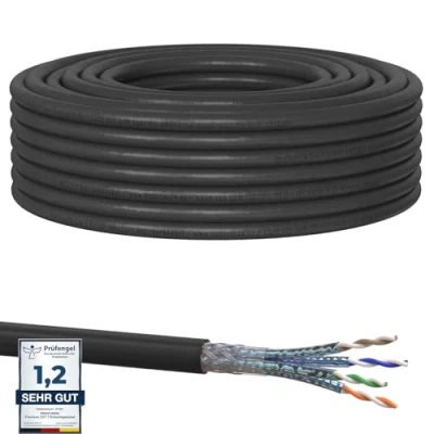 Afbeelding van RedStar24 30m Cat7 Kabel Outdoor Installatiekabel Grondkabel LAN Zwart AWG23/1 CAT 7 S/FTP Ethernet Netwerk 1000MHz Afgeschermde Datakabel Netwerkkabel voor Buitengebruik UV bestendig