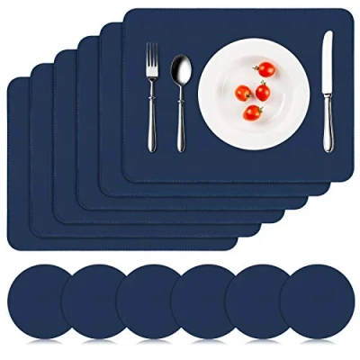 Afbeelding van APLKER Placemats afwasbaar, set van 6 placemats, leer, waterdicht, lederlook, kunstleer, placemat en onderzetters voor thuis, keuken, restaurant, 41 x 31 cm, donkerblauw