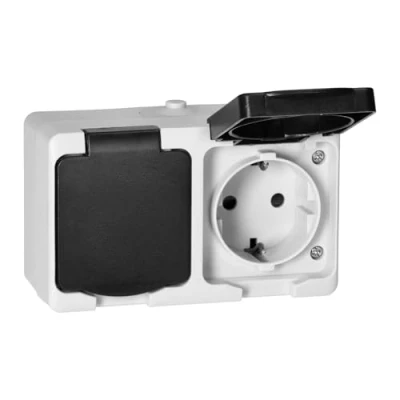 Afbeelding van Miratic Dubbel Stopcontact 2X2P+Z Schuko Stekkerdoos IP54 Wit Zwart Opbouw Contactdoos