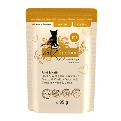 Afbeelding van catz finefood Kitten N 7 Kattenvoer voor rund en kalf, natvoer jonge katten zonder granen suiker met een hoog vleesgehalte, 16 x 85 g zak