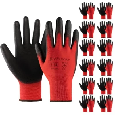 Afbeelding van Velway 12 paar veiligheid werkhandschoenen stevige grip tuinhandschoenen antislip PU gecoat lichtgewicht ademend beschermende monteur bouwers mannen vrouwen voor algemeen werk rood
