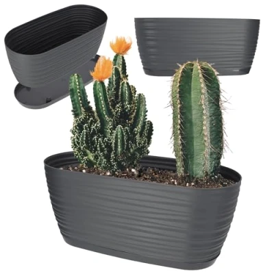 Afbeelding van KADAX bloempot met onderzetter, plantenpot voor binnenshuis, lichte sierpot van kunststof, bloemen en planten, huis, kamer, 27 cm, antraciet